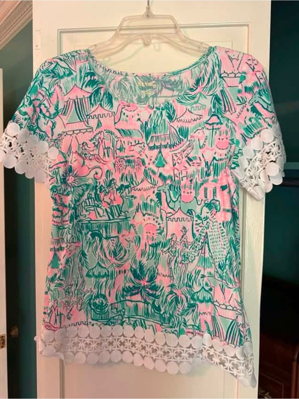 Lilly Pulitzer Pink & Teal Printed Short-Sleeve Top with White Lace Trim